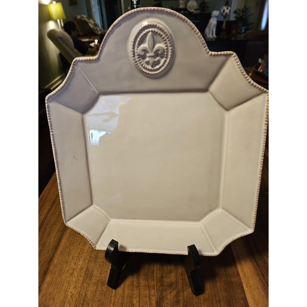 White Decorative Dish By Mudpie. White W Glaze And Fleur De Lis. Purse/makeup
